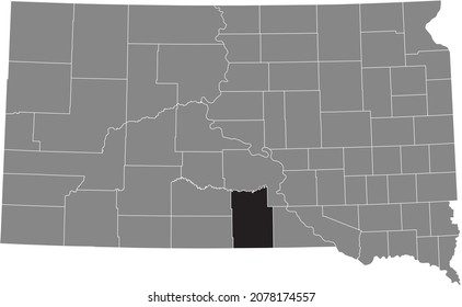 Black highlighted location map of the Tripp County inside gray administrative map of the Federal State of South Dakota, USA