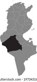 Black highlighted location map of the Tunisian Kebili governorate inside gray map of the Tunisian Republic