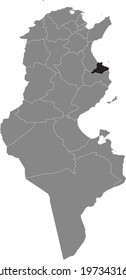 Black highlighted location map of the Tunisian Monastir governorate inside gray map of the Tunisian Republic