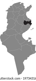 Black highlighted location map of the Tunisian Mahdia governorate inside gray map of the Tunisian Republic