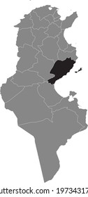 Black highlighted location map of the Tunisian Sfax governorate inside gray map of the Tunisian Republic