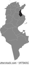 Black highlighted location map of the Tunisian Ben Arous governorate inside gray map of the Tunisian Republic