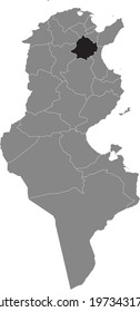 Black highlighted location map of the Tunisian Kasserine governorate inside gray map of the Tunisian Republic
