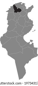 Black highlighted location map of the Tunisian Béja governorate inside gray map of the Tunisian Republic