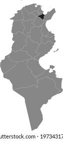 Black highlighted location map of the Tunisian Sousse governorate inside gray map of the Tunisian Republic