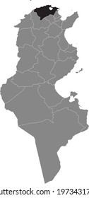 Black highlighted location map of the Tunisian Bizerte governorate inside gray map of the Tunisian Republic