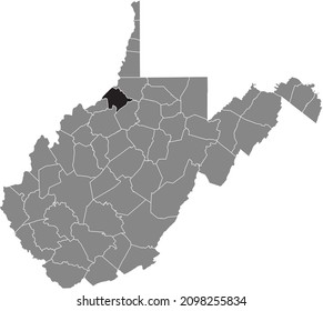 Black highlighted location map of the Tyler County inside gray administrative map of the Federal State of West Virginia, USA