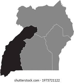 Black highlighted location map of the Ugandan Western region inside gray map of the Republic of Uganda
