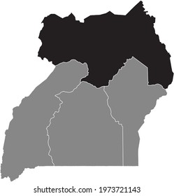 Black highlighted location map of the Ugandan Northern region inside gray map of the Republic of Uganda