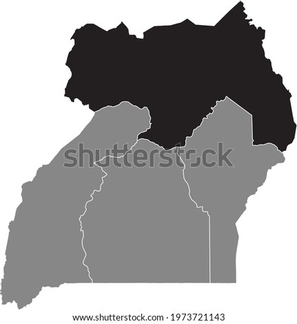 Black highlighted location map of the Ugandan Northern region inside gray map of the Republic of Uganda