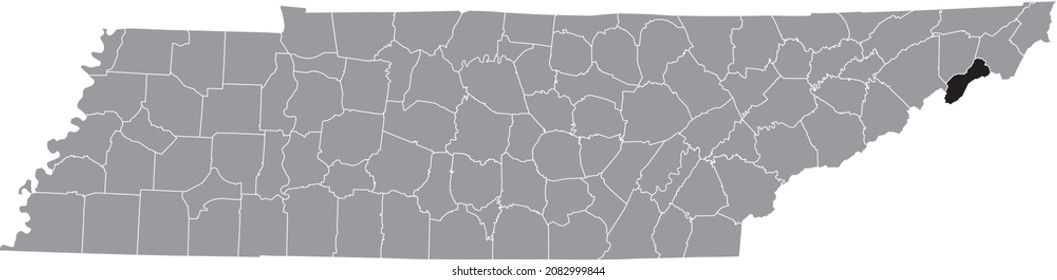 Black highlighted location map of the Unicoi County inside gray administrative map of the Federal State of Tennessee, USA