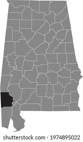 Black highlighted location map of the US Washington county inside gray map of the Federal State of Alabama, USA