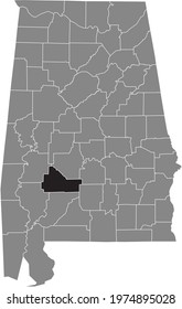 Black highlighted location map of the US Wilcox county inside gray map of the Federal State of Alabama, USA