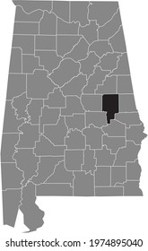 Black highlighted location map of the US Tallapoosa county inside gray map of the Federal State of Alabama, USA
