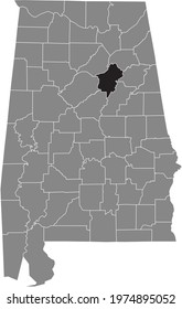 Black highlighted location map of the US St. Clair county inside gray map of the Federal State of Alabama, USA