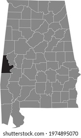 Black highlighted location map of the US Sumter county inside gray map of the Federal State of Alabama, USA