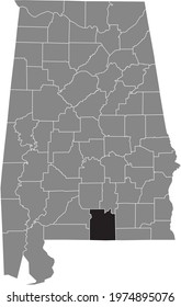 Black highlighted location map of the US Covington county inside gray map of the Federal State of Alabama, USA
