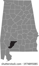 Black highlighted location map of the US Monroe county inside gray map of the Federal State of Alabama, USA