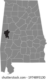 Black highlighted location map of the US Greene county inside gray map of the Federal State of Alabama, USA