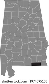 Black highlighted location map of the US Geneva county inside gray map of the Federal State of Alabama, USA