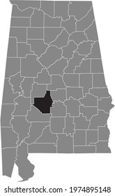 Black highlighted location map of the US Dallas county inside gray map of the Federal State of Alabama, USA