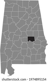 Black highlighted location map of the US Elmore county inside gray map of the Federal State of Alabama, USA