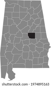 Black highlighted location map of the US Coosa county inside gray map of the Federal State of Alabama, USA