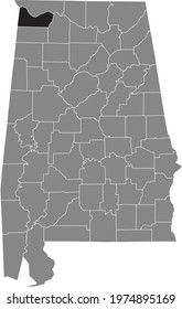 Black highlighted location map of the US Colbert county inside gray map of the Federal State of Alabama, USA