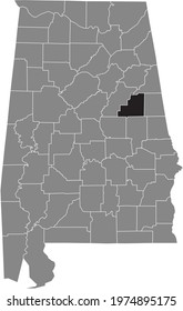 Black highlighted location map of the US Clay county inside gray map of the Federal State of Alabama, USA