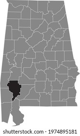 Black highlighted location map of the US Clarke county inside gray map of the Federal State of Alabama, USA