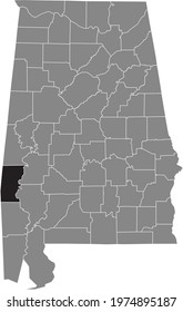 Black highlighted location map of the US Choctaw county inside gray map of the Federal State of Alabama, USA