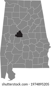 Black highlighted location map of the US Bibb county inside gray map of the Federal State of Alabama, USA