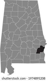 Black highlighted location map of the US Barbour county inside gray map of the Federal State of Alabama, USA