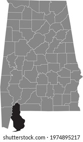 Black highlighted location map of the US Baldwin county inside gray map of the Federal State of Alabama, USA