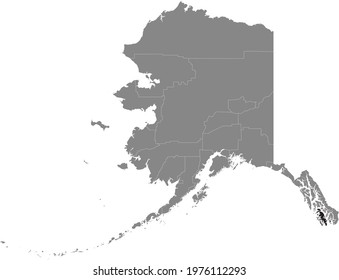 Black highlighted location map of the US Prince of Wales-Hyder Census Area inside gray map of the Federal State of Alaska, USA