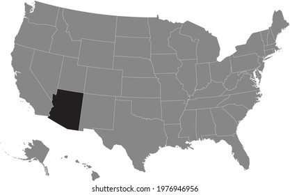 Black highlighted location map of the US Federal State of Arizona inside gray map of the United States of America