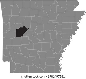 Black highlighted location map of the US Yell county inside gray map of the Federal State of Arkansas, USA