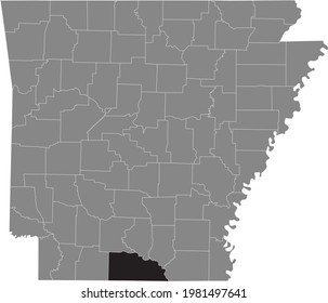 Black highlighted location map of the US Union county inside gray map of the Federal State of Arkansas, USA