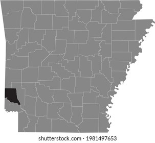 Black highlighted location map of the US Sevier county inside gray map of the Federal State of Arkansas, USA