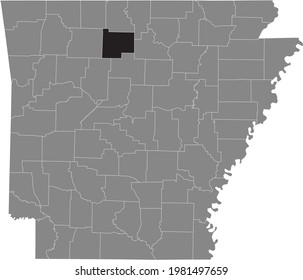 Black highlighted location map of the US Searcy county inside gray map of the Federal State of Arkansas, USA
