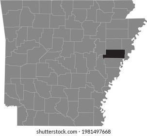 Black highlighted location map of the US St. Francis county inside gray map of the Federal State of Arkansas, USA