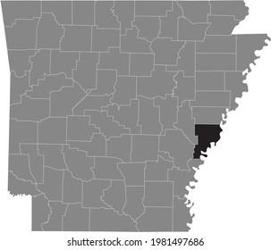 Black highlighted location map of the US Phillips county inside gray map of the Federal State of Arkansas, USA