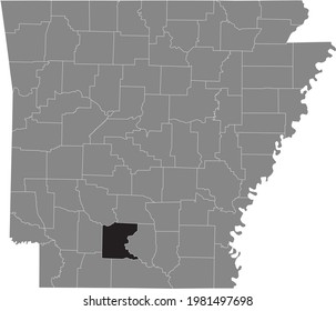 Black highlighted location map of the US Ouachita county inside gray map of the Federal State of Arkansas, USA