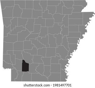 Black highlighted location map of the US Nevada county inside gray map of the Federal State of Arkansas, USA