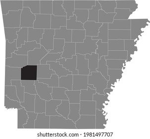 Black highlighted location map of the US Montgomery county inside gray map of the Federal State of Arkansas, USA