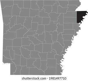 Black highlighted location map of the US Mississippi county inside gray map of the Federal State of Arkansas, USA