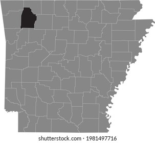 Black highlighted location map of the US Madison county inside gray map of the Federal State of Arkansas, USA