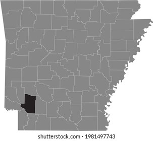 Black highlighted location map of the US Hempstead county inside gray map of the Federal State of Arkansas, USA