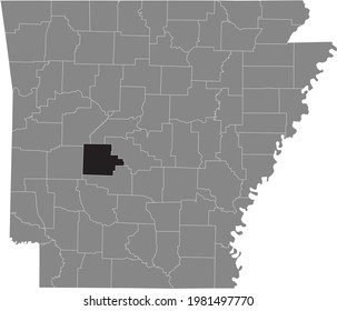 Black highlighted location map of the US Garland county inside gray map of the Federal State of Arkansas, USA