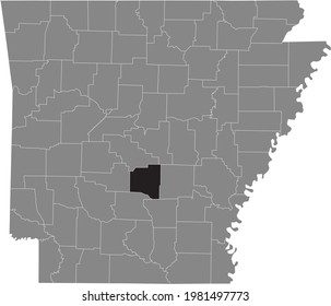 Black highlighted location map of the US Grant county inside gray map of the Federal State of Arkansas, USA